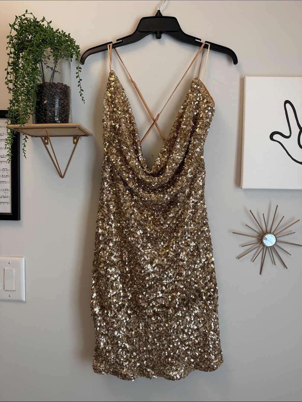 Fashion Nova Gold Sequin Draped Mini Dress